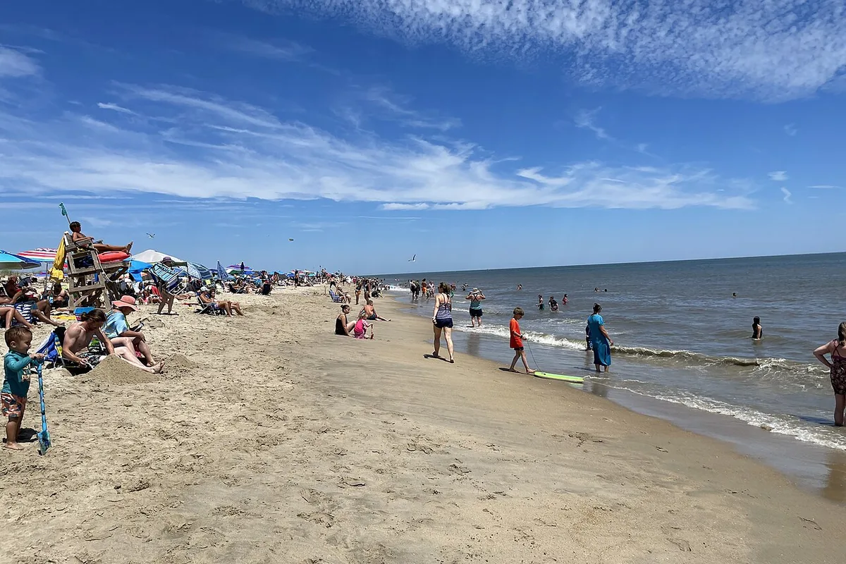 A busy summer day on the Atlantic beach at Cape Henlopen State Park, looking north along the sand towards the point.