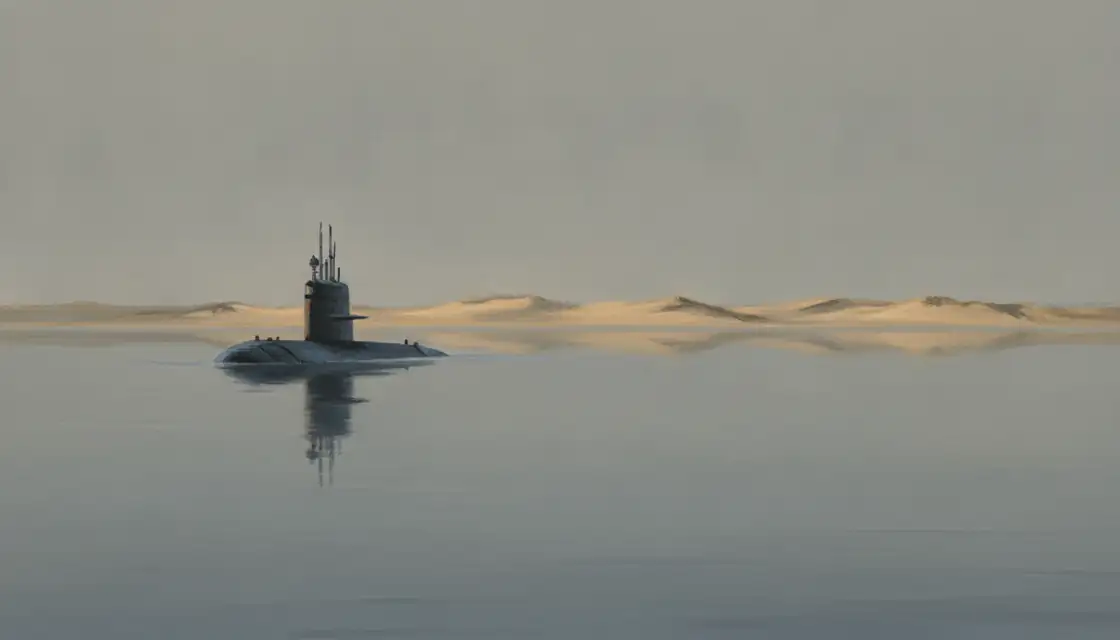 Painted illustration: a submarine on the surface in calm water off a low sand cape.